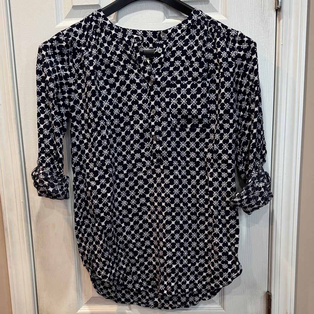 LOFT Navy and White Geometric Blouse
